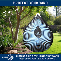 PESTEZE® Large Water Droplet Stainless Steel Highly Reflective Decorative 3D Wind Spinner for Repelling Unwanted Birds & Critters. 9 x 15 Inch Premium Shiny, Beautiful, Long Lasting & Durable Bird Repellent.