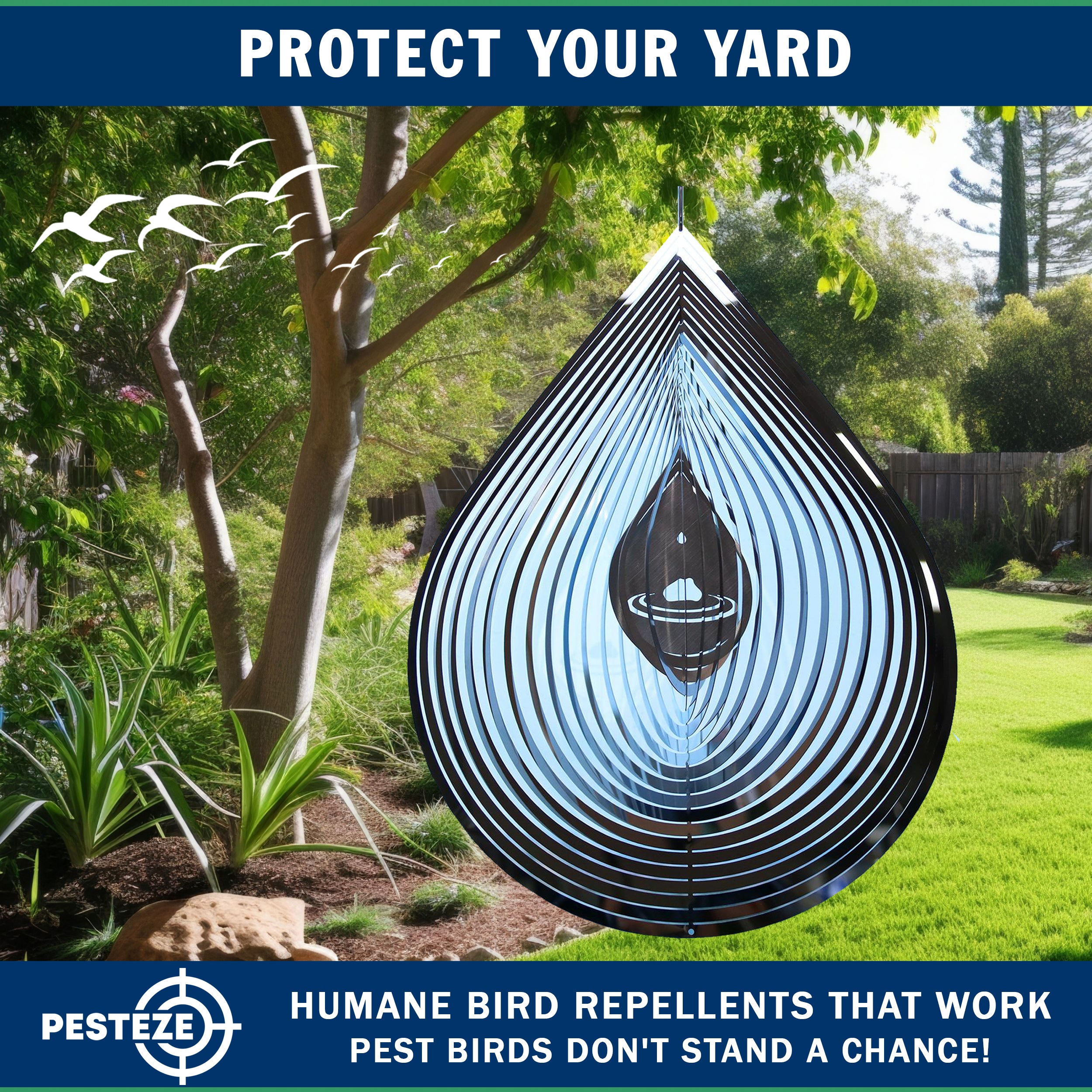 PESTEZE® Large Water Droplet Stainless Steel Highly Reflective Decorative 3D Wind Spinner for Repelling Unwanted Birds & Critters. 9 x 15 Inch Premium Shiny, Beautiful, Long Lasting & Durable Bird Repellent.