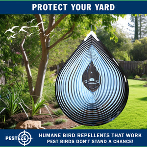 PESTEZE® Large Water Droplet Stainless Steel Highly Reflective Decorative 3D Wind Spinner for Repelling Unwanted Birds & Critters. 9 x 15 Inch Premium Shiny, Beautiful, Long Lasting & Durable Bird Repellent.