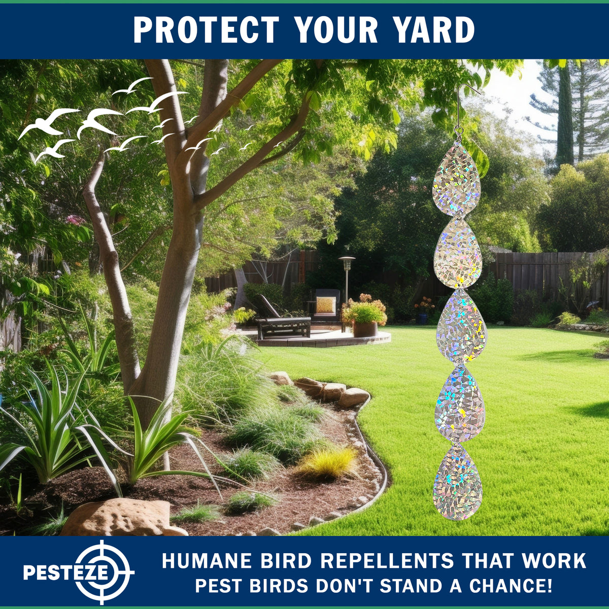 PESTEZE® USA Holographic Bird Deterrent Tape Strips, Reflective Bird Repellent Hanging Ribbon, 5 Pack 3.5 x 30 in, Scare Pigeons Crows Woodpeckers Away from Porch Patio Garden Roof Balcony Yard Decks
