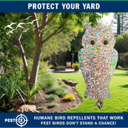 PESTEZE® USA Owl Bird Deterrent Reflective Hanging Decoy Repellent with Bell, 2 Pack 6 x 13.5 in Shiny Scare Device Keep Birds Away Outdoor Porch Garden Yard Patio Protect Property