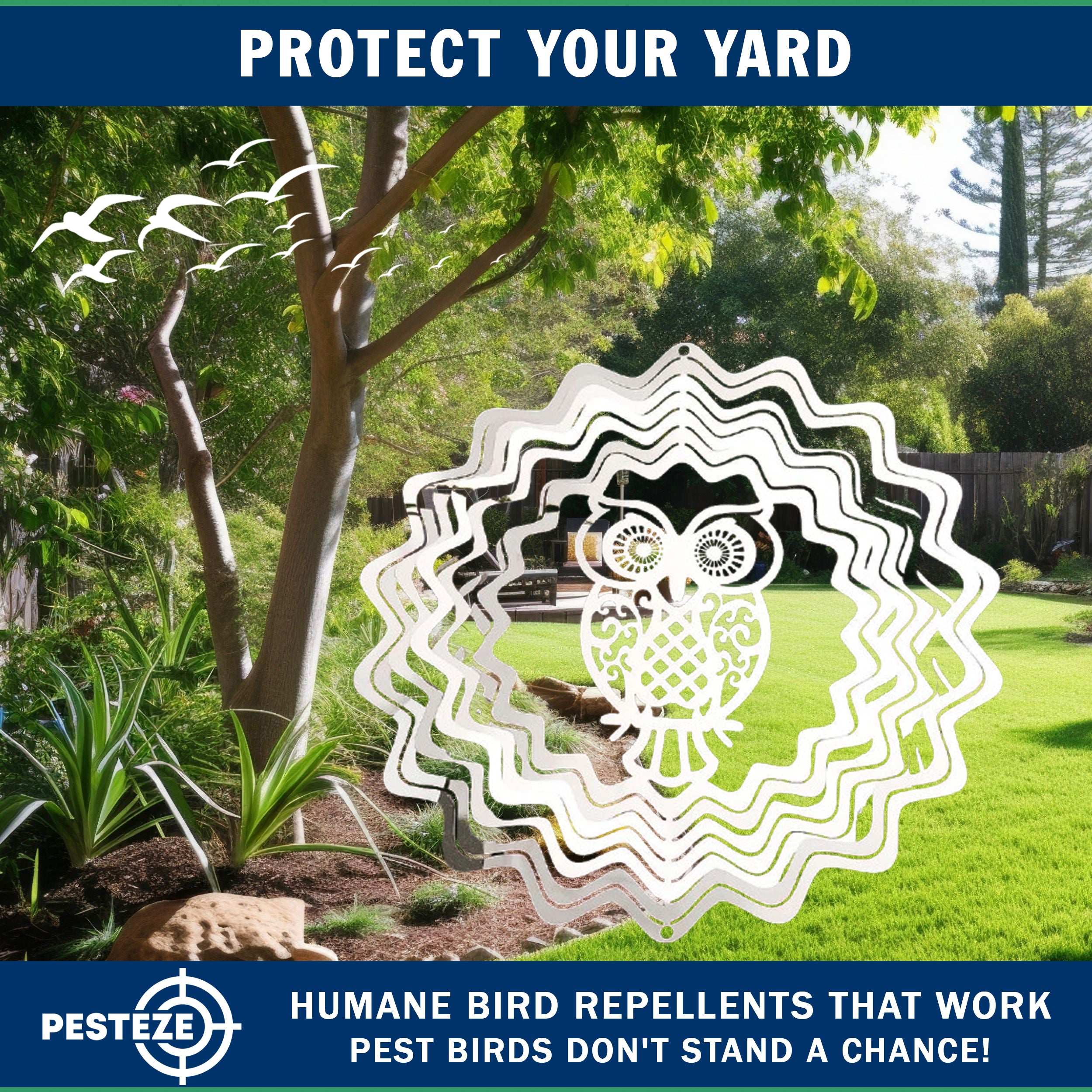 PESTEZE® Owl Stainless Steel Highly Reflective Decorative 3D Wind Spinner for Scaring Unwanted Pest Birds & Critters. 6 x 9 Inch Premium Shiny, Attractive, Sturdy, Everlasting & Humane Bird Control