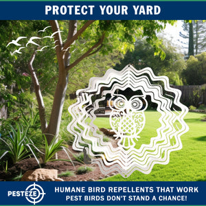 PESTEZE® Owl Stainless Steel Highly Reflective Decorative 3D Wind Spinner for Scaring Unwanted Pest Birds & Critters. 6 x 9 Inch Premium Shiny, Attractive, Sturdy, Everlasting & Humane Bird Control