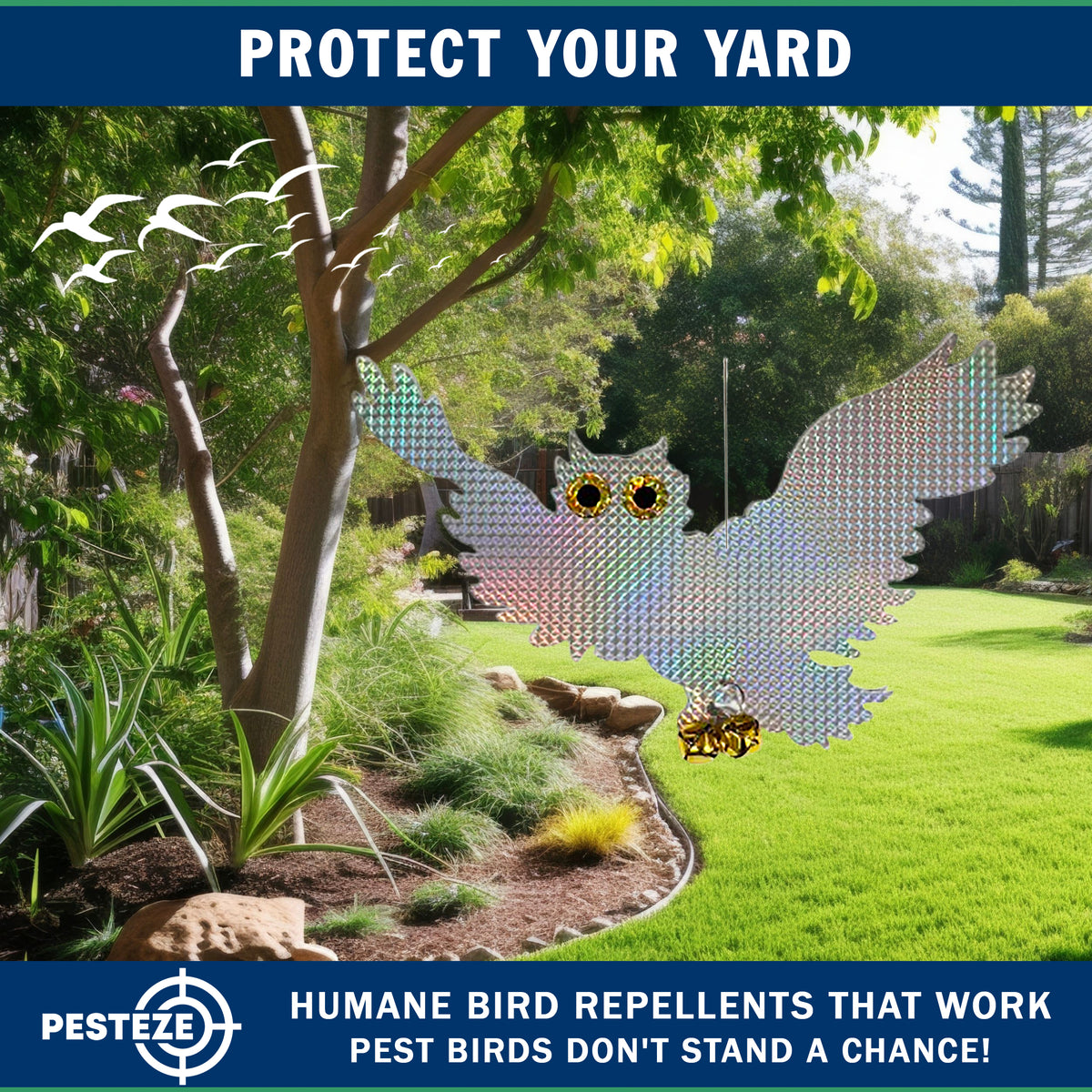 PESTEZE® USA Premium Owl Bird Repellent Holographic Decoy with 2 Bells [15 × 9.5 in] Uses Reflective Shine & Sound to Deter Woodpeckers, Pigeons, Crows, Ducks, Geese & Outdoor Pests Safely Around Homes