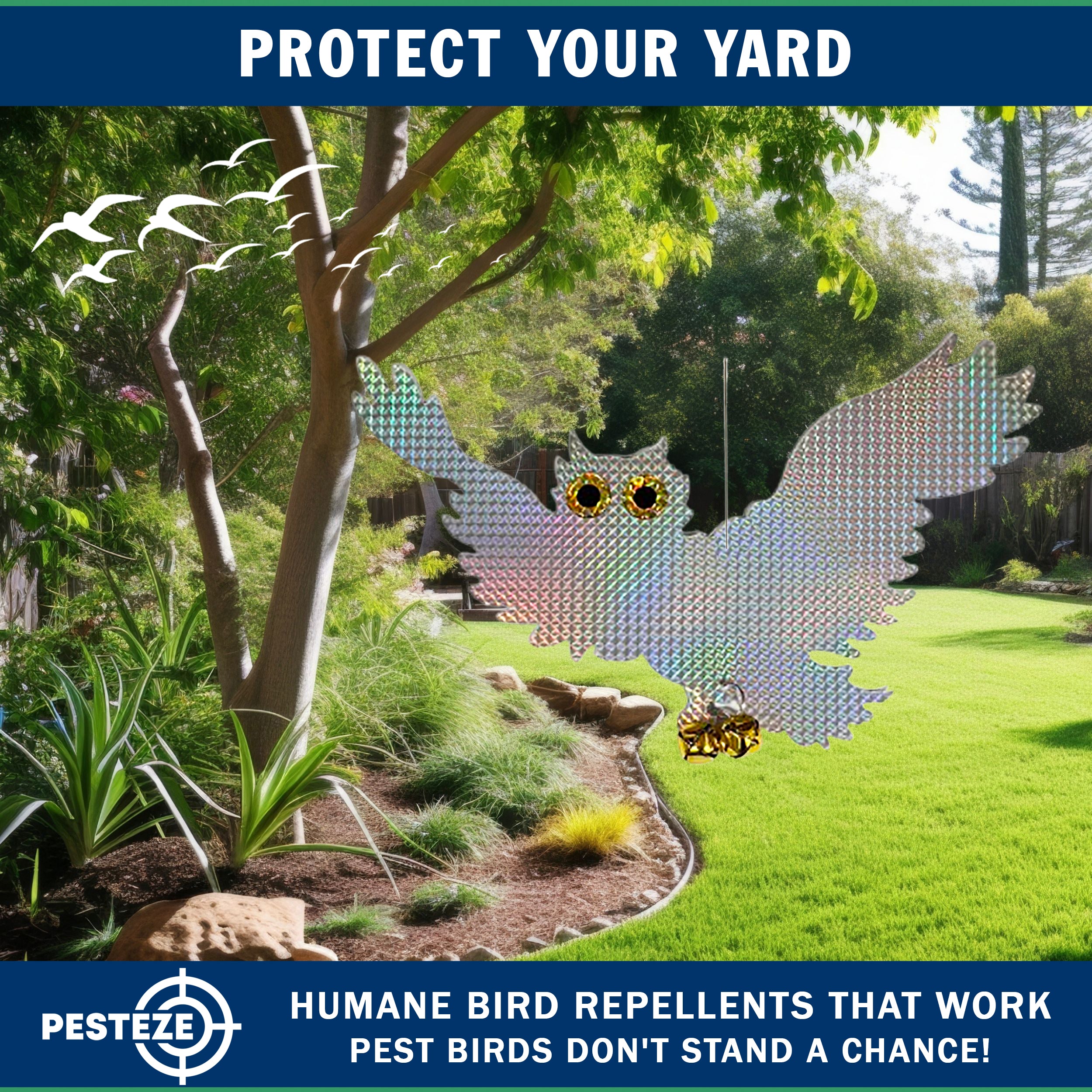 PESTEZE® Holographic Shiny Owl Bird Repellent with 2 Bells [15 x 9.5 inch] Reflection & Sound Scares Woodpeckers, Pigeons, Crows, Ducks, Geese & Critters from Yards without Harming them to Protect Property