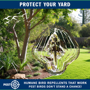 PESTEZE® Large Angel Stainless Steel Highly Reflective Decorative 3D Wind Spinner for Repelling Unwanted Birds & Critters. 11 x15  Inch Premium Shiny, Beautiful & Everlasting Bird Repellent.