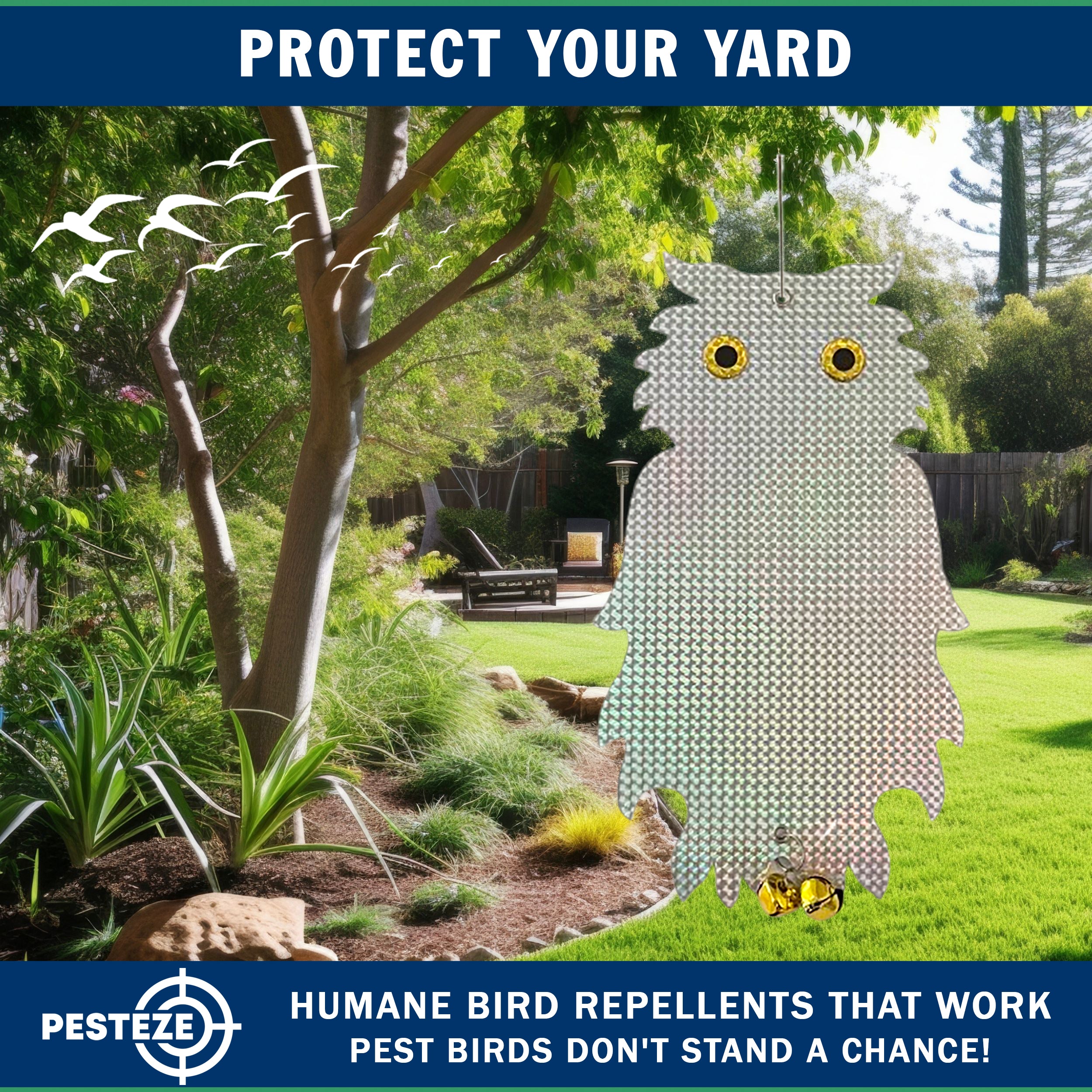 PESTEZE® Holographic Shiny Owl Bird Repellent with 2 Bells [8.25 x 15 inch] Sound & Reflection Deters Woodpeckers, Pigeons, Crows, Ducks, Geese & Critters from Yards without Harming them to Protect Property