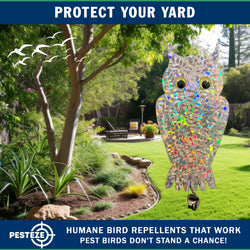4 Pack PESTEZE® Shiny Holographic Owl Bird Repellent with Bell & Swivel [6 x 13.5 inch] Reflection Scares Pest Birds like Woodpeckers, Sparrows, Pigeons, Crows & Gulls without Harming them to Protect Property