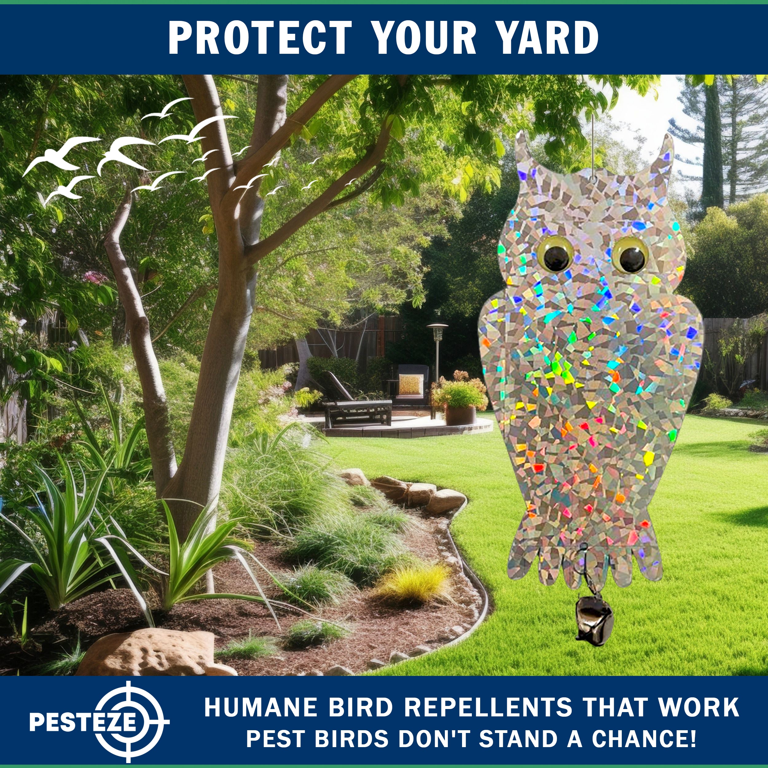 4 Pack PESTEZE® Shiny Holographic Owl Bird Repellent with Bell & Swivel [6 x 13.5 inch] Reflection Scares Pest Birds like Woodpeckers, Sparrows, Pigeons, Crows & Gulls without Harming them to Protect Property