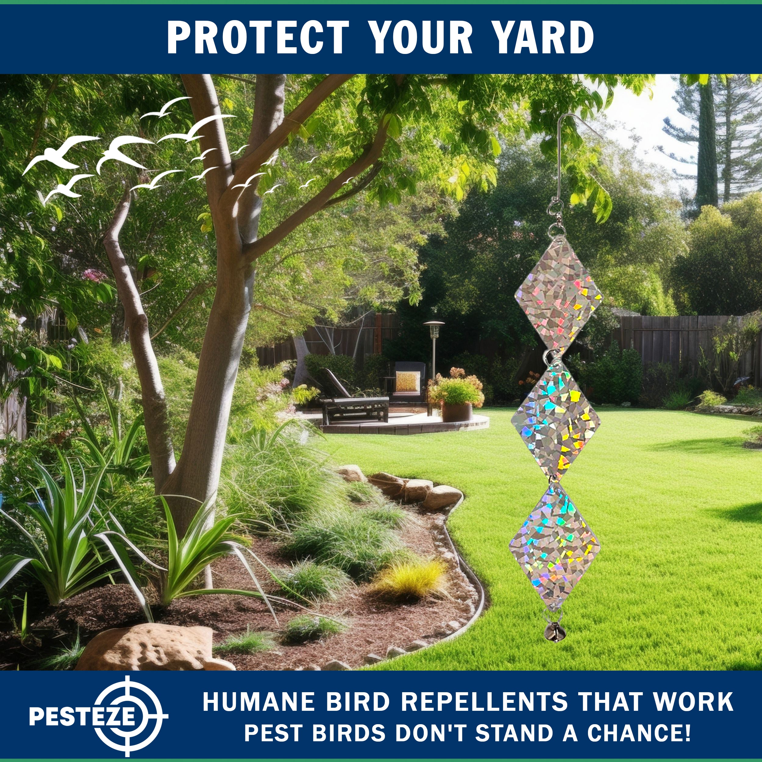 3 Pack PESTEZE® Set of 3 Shiny Holographic Squares with Bell [3.25 x 18.5 inch] Reflection Scares Pest Birds like Woodpeckers, Sparrows, Pigeons, Crows & Gulls without Harming them to Protect Property