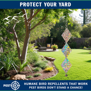 3 Pack PESTEZE® Set of 3 Shiny Holographic Squares with Bell [3.25 x 18.5 inch] Reflection Scares Pest Birds like Woodpeckers, Sparrows, Pigeons, Crows & Gulls without Harming them to Protect Property