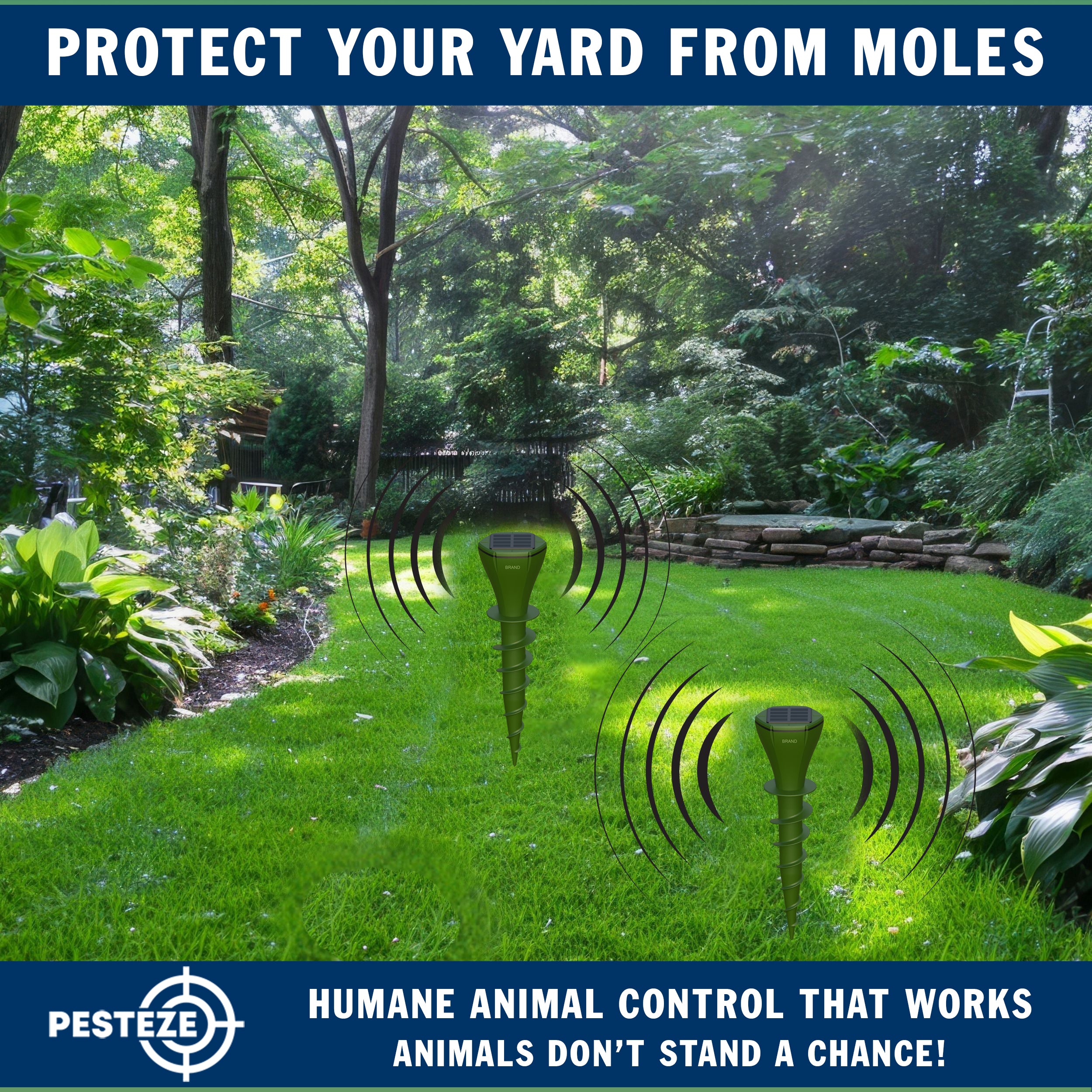 2 Pack PESTEZE® Reusable Solar Mole, Snake, Gopher, Vole, Chipmunk, Groundhog & Woodchuck Repeller. Vibration Quietly & Humanely Deters Burrowing Rodents from Destroying Yard. Waterproof & EZ Install