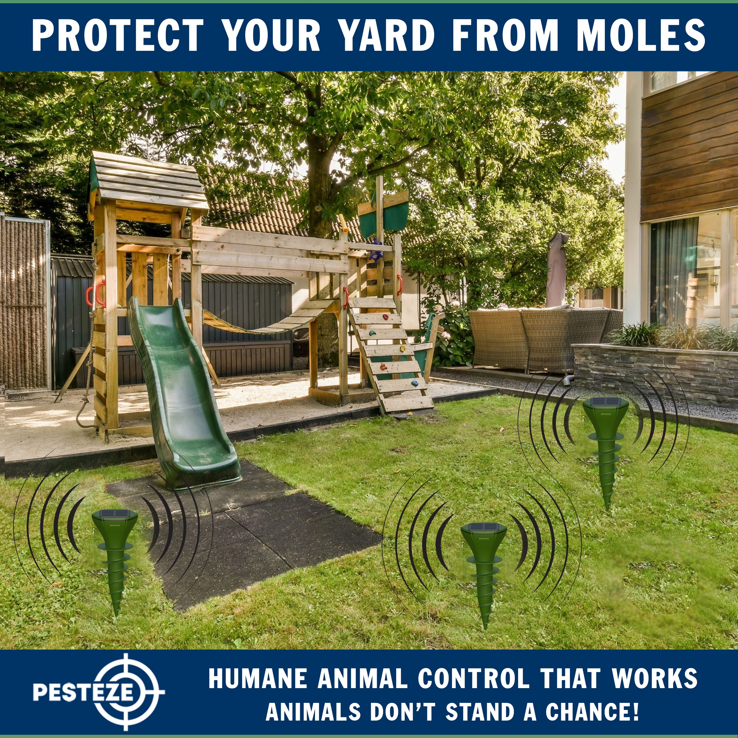 2 Pack PESTEZE® Reusable Solar Mole, Snake, Gopher, Vole, Chipmunk, Groundhog & Woodchuck Repeller. Vibration Quietly & Humanely Deters Burrowing Rodents from Destroying Yard. Waterproof & EZ Install