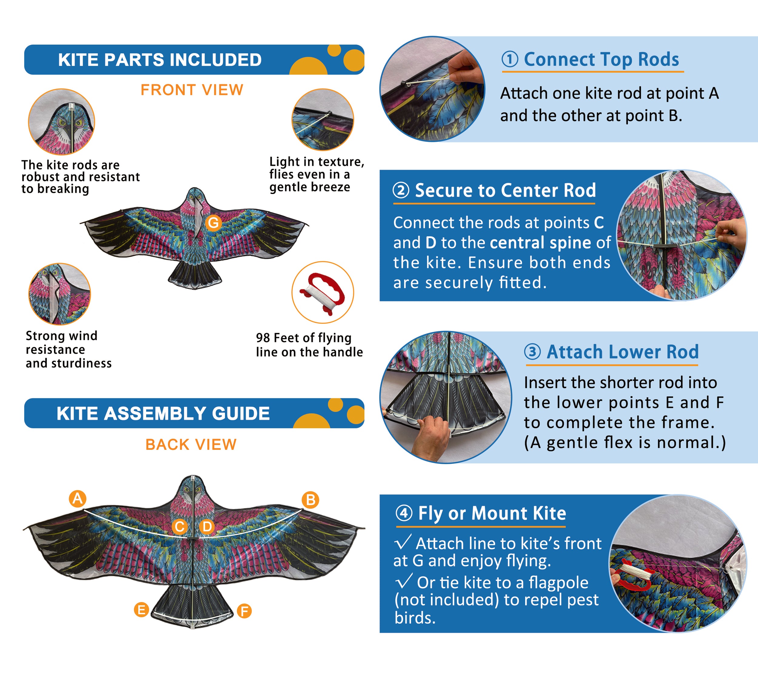 PESTEZE® USA Huge Red Eagle Kite [60x28 Inch] EZ & Fun to Fly. Also Provides Humane Bird Deterrence in Yards & Farms. Protects Vegetables, Fruits & Crops from Pest Birds & Critters