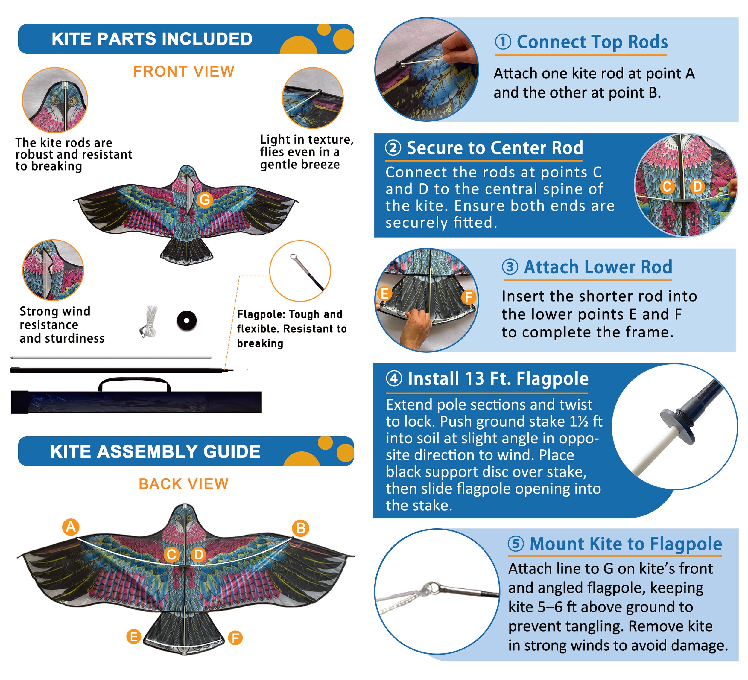 PESTEZE® USA Huge Red Eagle Kite [60x28 Inch Kite with 13 Ft Flagpole] Provides Humane Bird Deterrence in Yards & Farms. Protects Vegetables, Fruits & Crops from Pest Birds & Critters