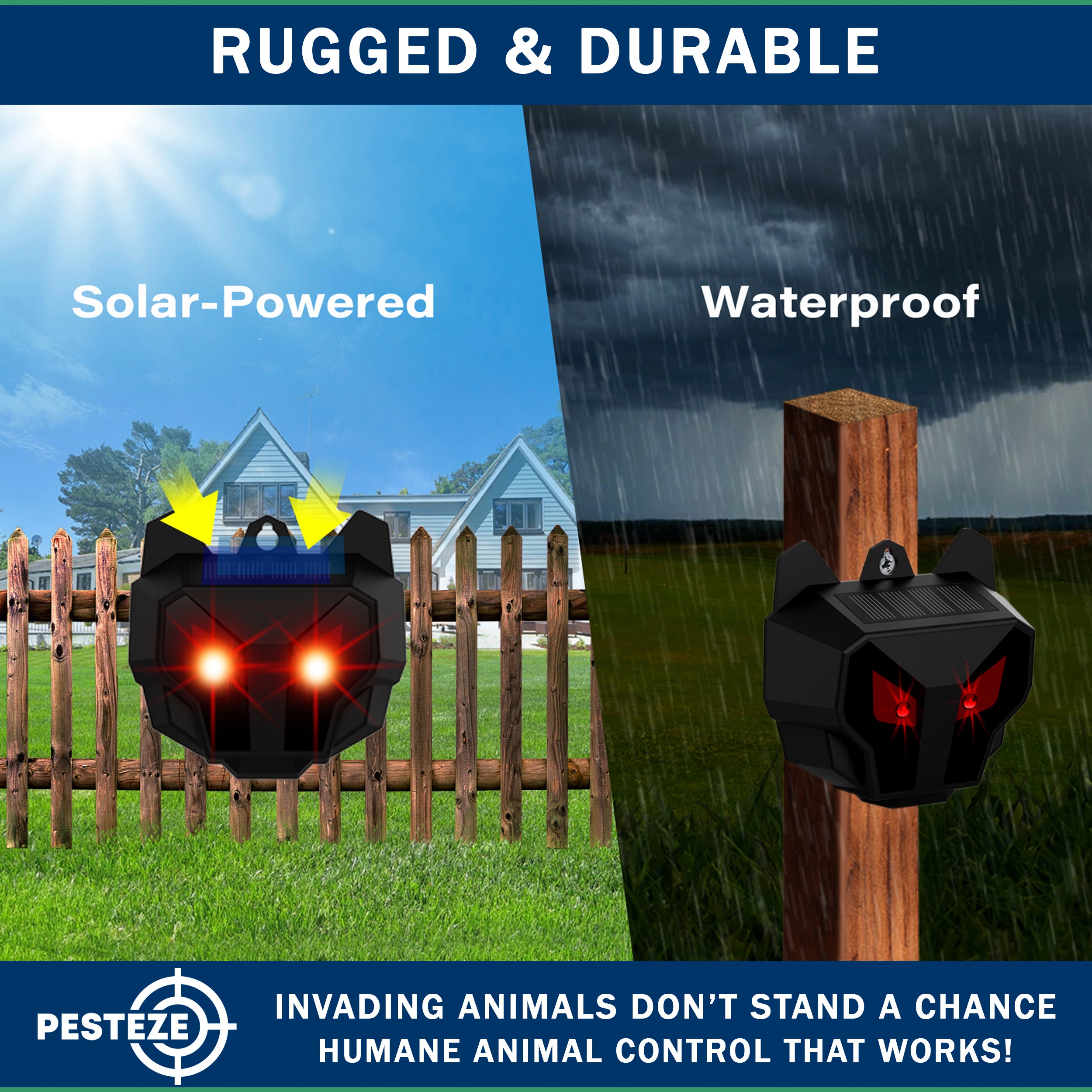 2 Pack PESTEZE® Reusable Solar Nocturnal Animal Repeller. Flickering Red Light Deters Unwanted Animals like Skunk, Deer, Coyote, Fox, Wolf, Rabbit, Raccoon & Birds to Protect Property & Livestock