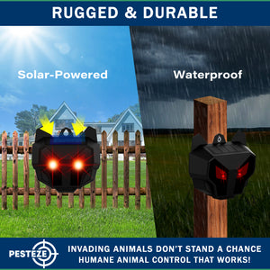 2 Pack PESTEZE® Reusable Solar Nocturnal Animal Repeller. Flickering Red Light Deters Unwanted Animals like Skunk, Deer, Coyote, Fox, Wolf, Rabbit, Raccoon & Birds to Protect Property & Livestock