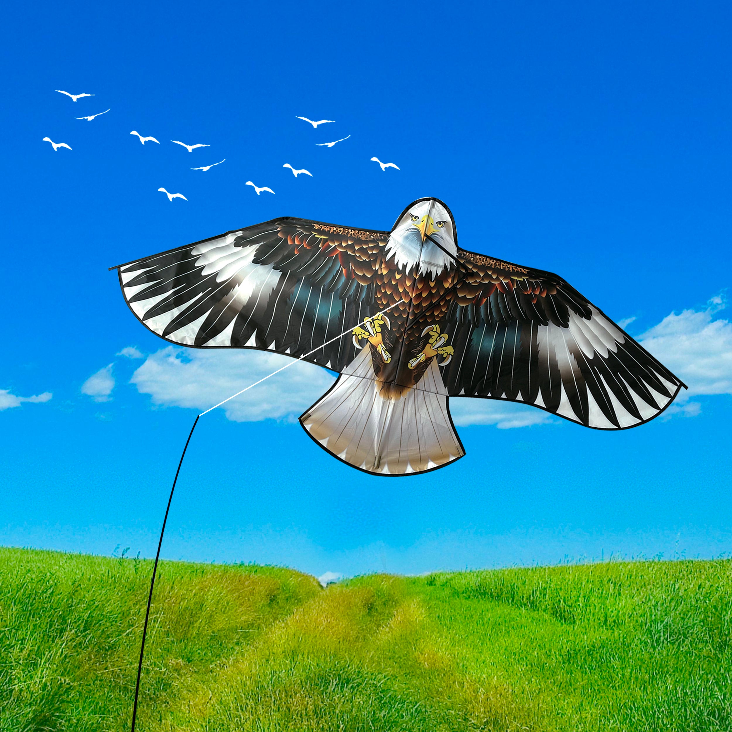 PESTEZE® USA Huge Blue Eagle Kite [63x29 Inch Kite with 13 Ft Flagpole] Provides Humane Bird Deterrence in Yards & Farms. Protects Vegetables, Fruits & Crops from Pest Birds & Critters