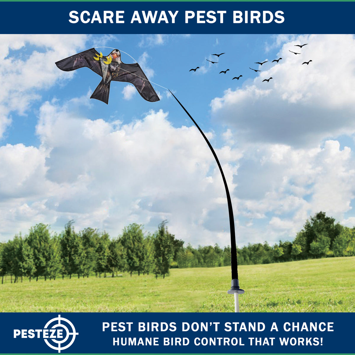 PESTEZE® USA Realistic Eagle Kite [2 Pack- 46 x 26 Inch with 13 ft Flagpole] Use in Yards & Farms to Protect Vegetables, Fruits & Crops from Pest Birds & Critters without Harming Them