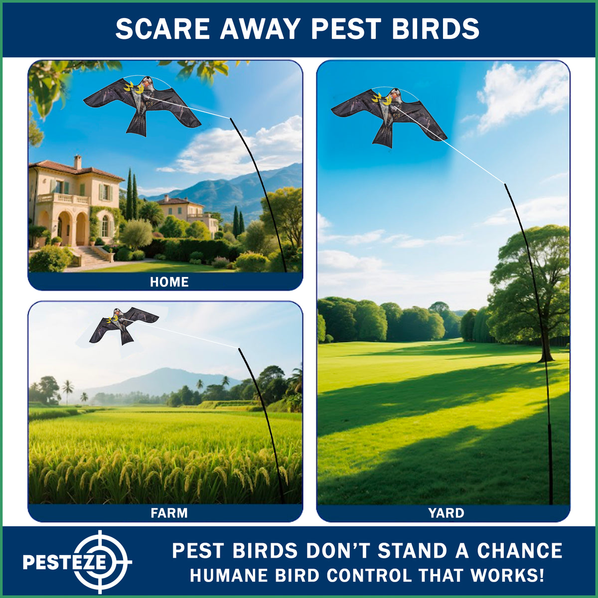 PESTEZE® USA Realistic Eagle Kite [2 Pack- 46 x 26 Inch with 13 ft Flagpole] Use in Yards & Farms to Protect Vegetables, Fruits & Crops from Pest Birds & Critters without Harming Them