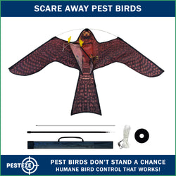 PESTEZE® USA Realistic Hawk Bird Scarer Kite [46 x 26 Inch with 13 ft Flagpole]. Use in Yards & Farms to Protect Vegetables, Fruits, Crops & Buildings from Pest Birds & Critters without Harming Them