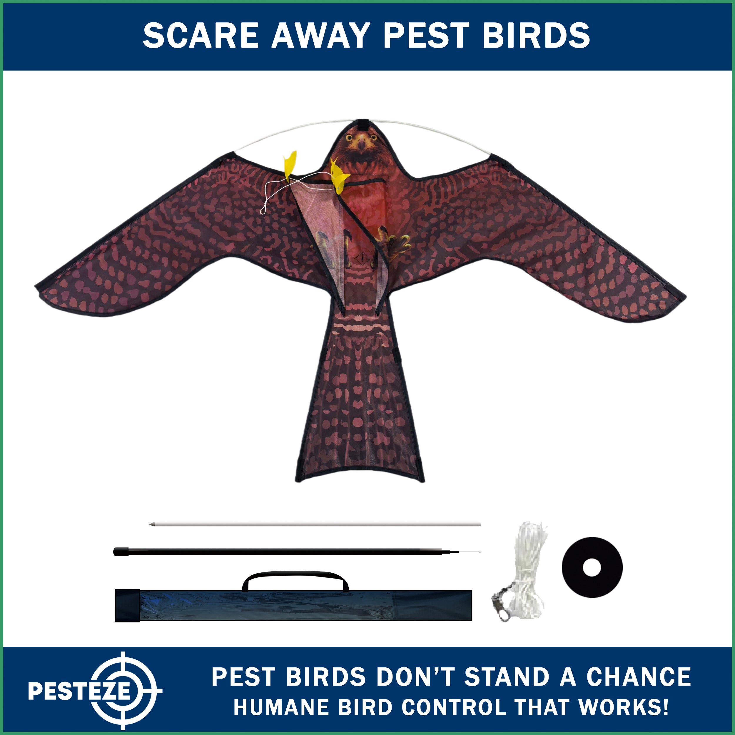 PESTEZE® USA Realistic Hawk Bird Scarer Kite [46 x 26 Inch with 13 ft Flagpole]. Use in Yards & Farms to Protect Vegetables, Fruits, Crops & Buildings from Pest Birds & Critters without Harming Them