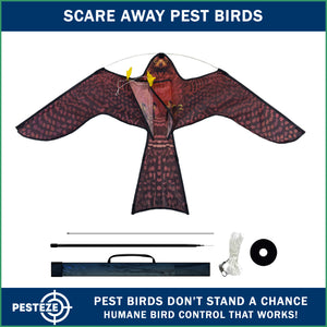 PESTEZE® USA Realistic Hawk Bird Scarer Kite [46 x 26 Inch with 13 ft Flagpole]. Use in Yards & Farms to Protect Vegetables, Fruits, Crops & Buildings from Pest Birds & Critters without Harming Them