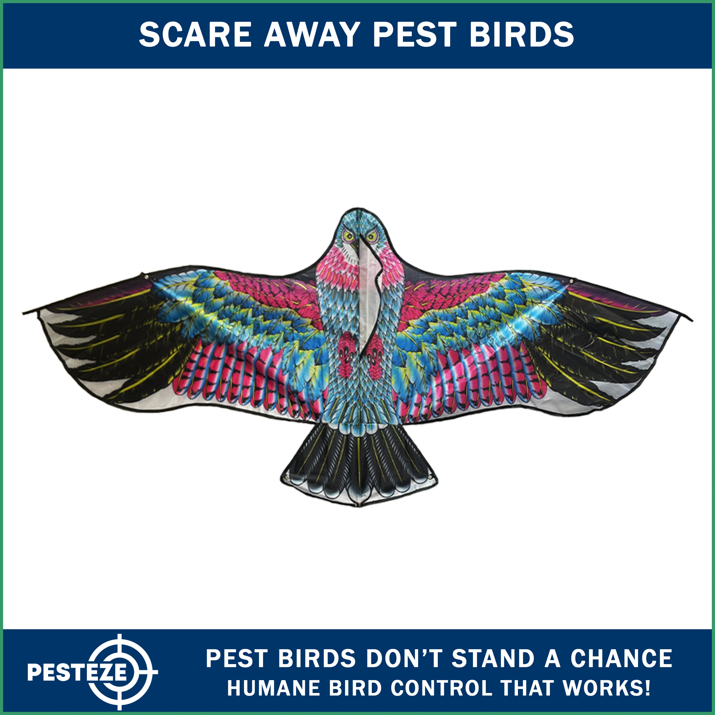 PESTEZE® USA Huge Red Eagle Kite [60x28 Inch Kite with 13 Ft Flagpole] Provides Humane Bird Deterrence in Yards & Farms. Protects Vegetables, Fruits & Crops from Pest Birds & Critters