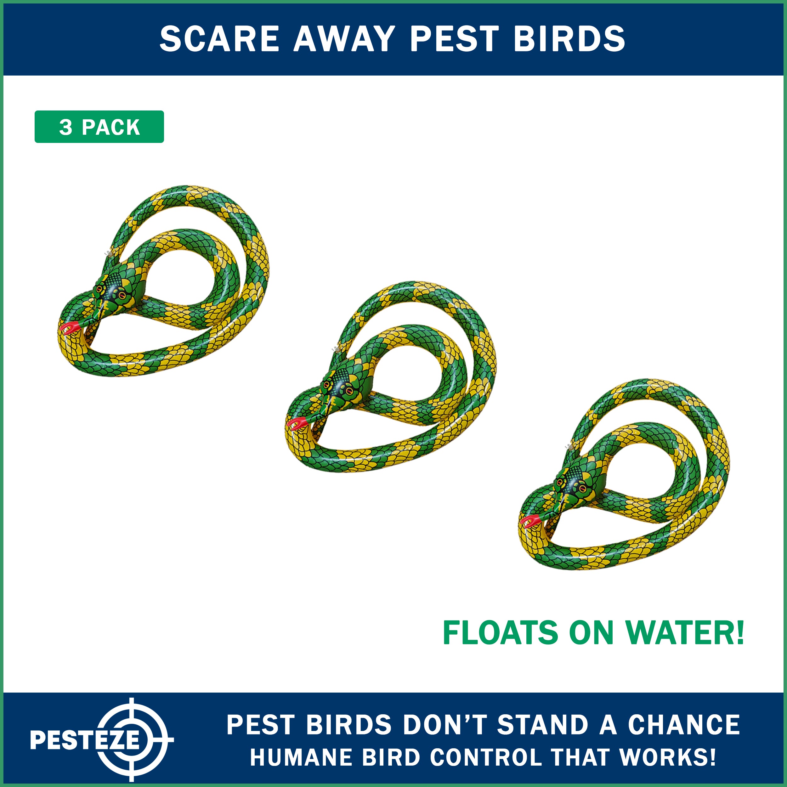 PESTEZE® USA 27 Inch Inflatable Snake [3 Pack - Yellow-Green Color] Predators Pest Birds  like Woodpeckers, Sparrows, Pigeons, Crows, Gulls & Critters from Pools & Yards without Harming them to Protect Property