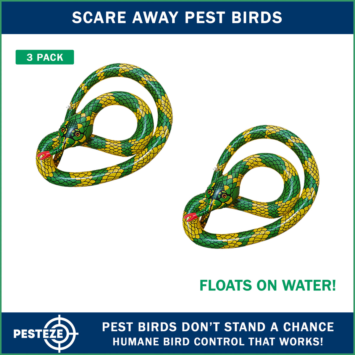 PESTEZE® USA 27 Inch Inflatible Snake [2 Pack Curly Yellow-Green Color] Scares Pest Birds Like Ducks Woodpeckers, Sparrows, Pigeons, Crows, Gulls & Critters from Pools & Yards Without Harming them to Protect Property