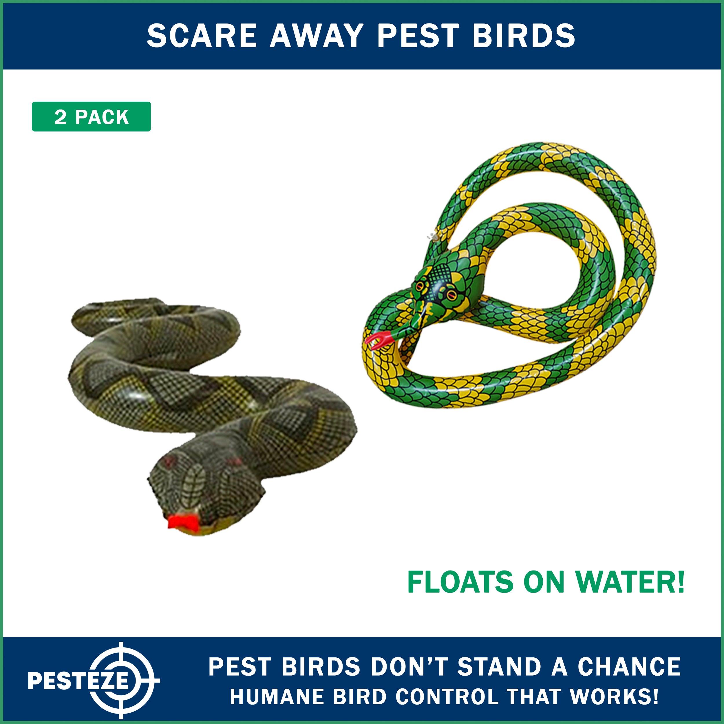 PESTEZE® USA 27 Inch Realistic Inflatable Snakes [2 Pack - 1 Yellow Green + 1 Grey Green] Scares Pest Birds Like Ducks Woodpeckers, Sparrows, Pigeons, Crows, Gulls & Critters from Pools & Yards Without Harming them to Protect Property