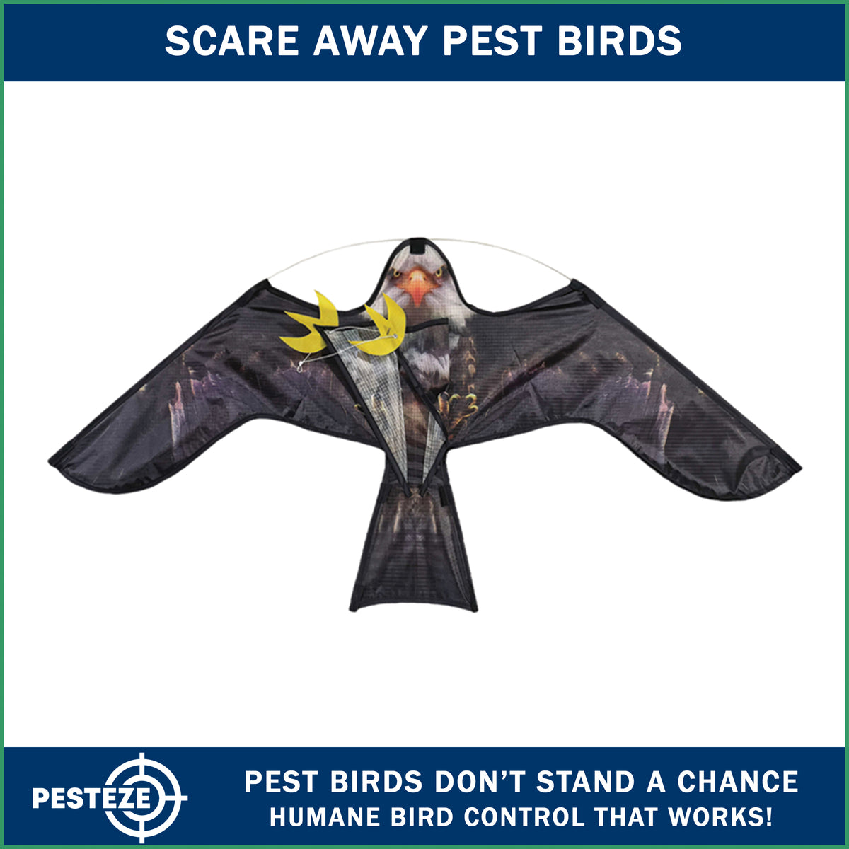PESTEZE® USA Premium Realistic Eagle Kite with String- 47x27 Inch. EZ & Fun to Fly. Provides Humane Pest Bird Deterrence in Yards & Farms. Protects Vegetables, Fruits & Crops