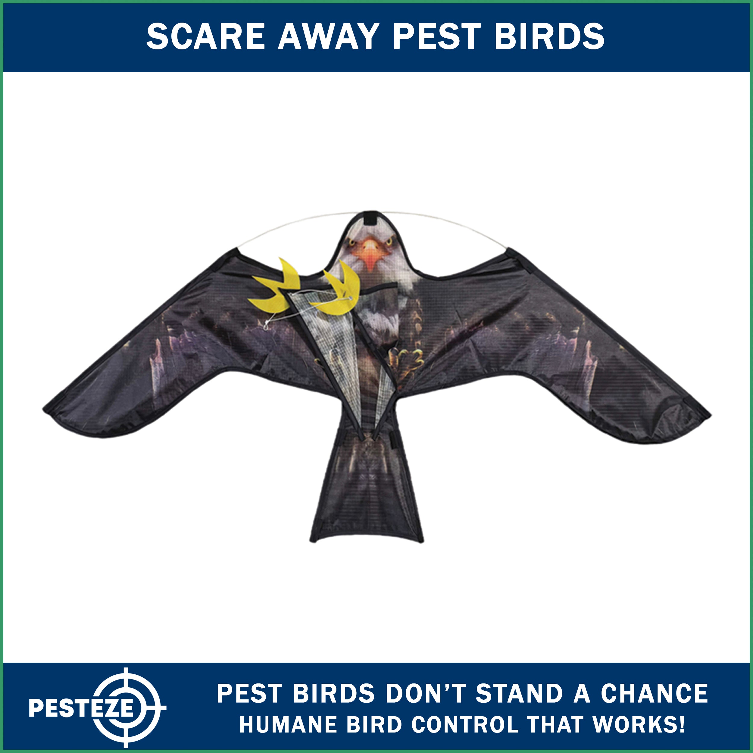 PESTEZE® USA Realistic Eagle Kite 47x27 Inch . EZ to Fly Fun. Provides Humane Bird Deterrence in Yards & Farms. Protects Vegetables, Fruits & Crops from Pest Birds