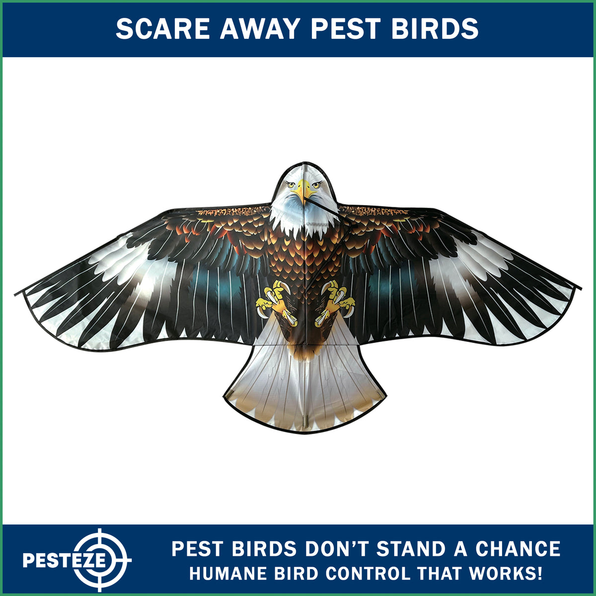 PESTEZE® USA Flying Hawk Bird Deterrent Kite, 13 ft Pole– Realistic 54x30 Inch Hawk Decoy Scare Device for Gardens, Yards, Boats & Farms– Repels Pest Birds like Crows, Pigeons, Seagulls, Geese Humanely