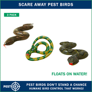 PESTEZE® USA 39 Inch Realistic Inflatable Snakes [3 Pack Multi-Color - 1 Grey-Green + 1 Brown + 1 Yellow-Green] Scares Pest Birds Like Ducks Woodpeckers, Sparrows, Pigeons, Crows, Gulls & Critters from Pools & Yard Without Harming them to Protect Property