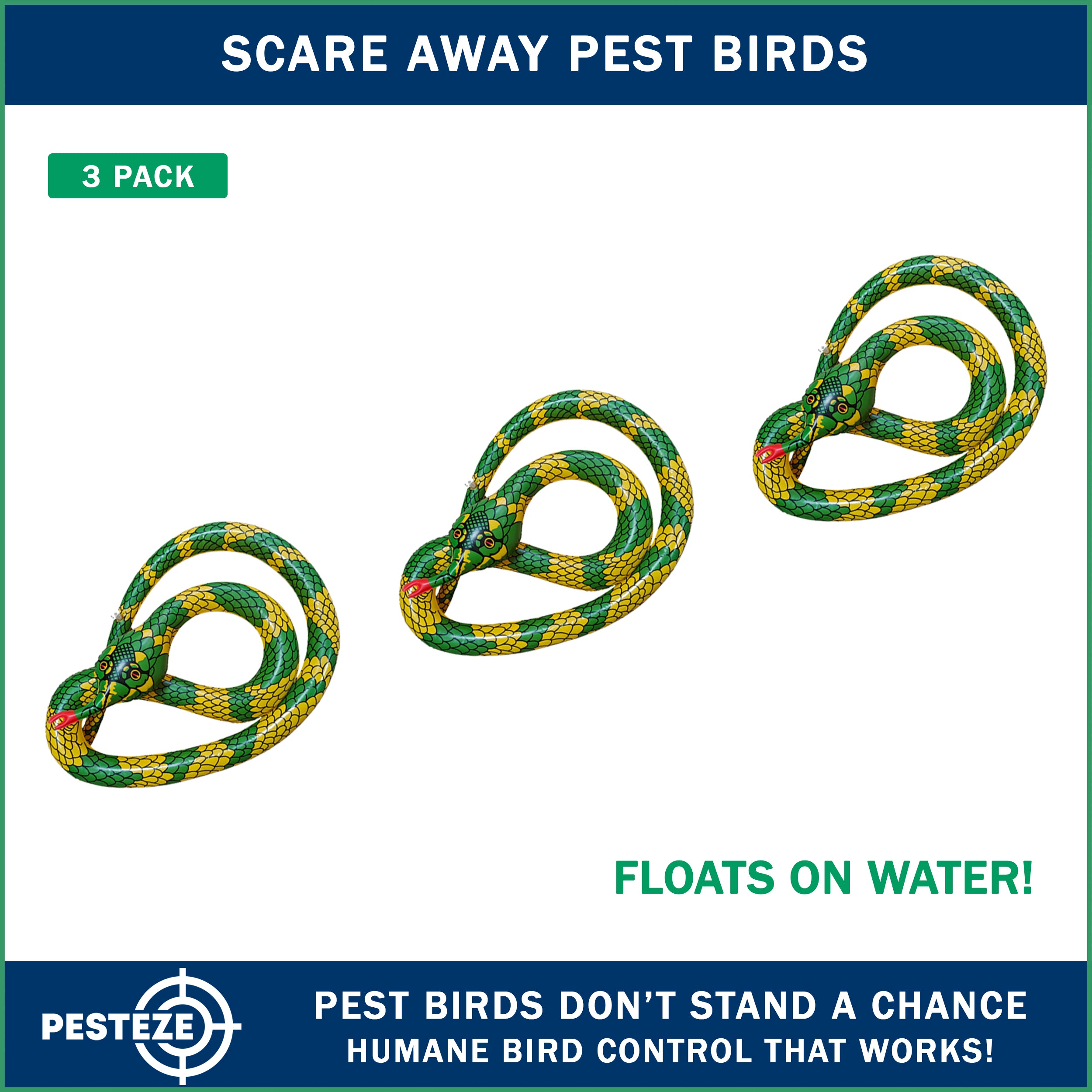 PESTEZE® USA 27 Inch Inflatable Snake [3 Pack - Yellow-Green Color] Predators Pest Birds  like Woodpeckers, Sparrows, Pigeons, Crows, Gulls & Critters from Pools & Yards without Harming them to Protect Property