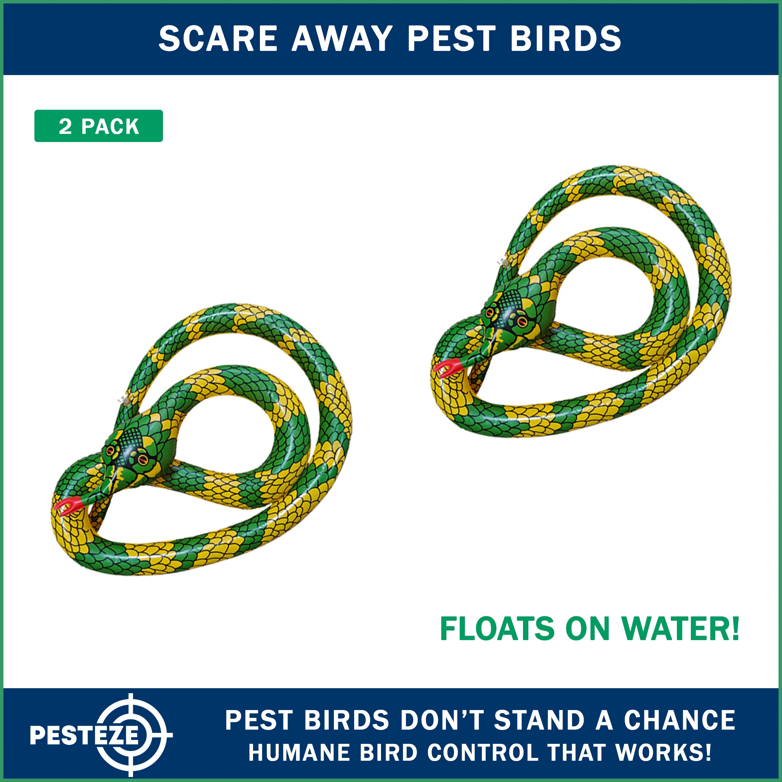 PESTEZE® USA 27 Inch Inflatible Snake [2 Pack Curly Yellow-Green Color] Scares Pest Birds Like Ducks Woodpeckers, Sparrows, Pigeons, Crows, Gulls & Critters from Pools & Yards Without Harming them to Protect Property