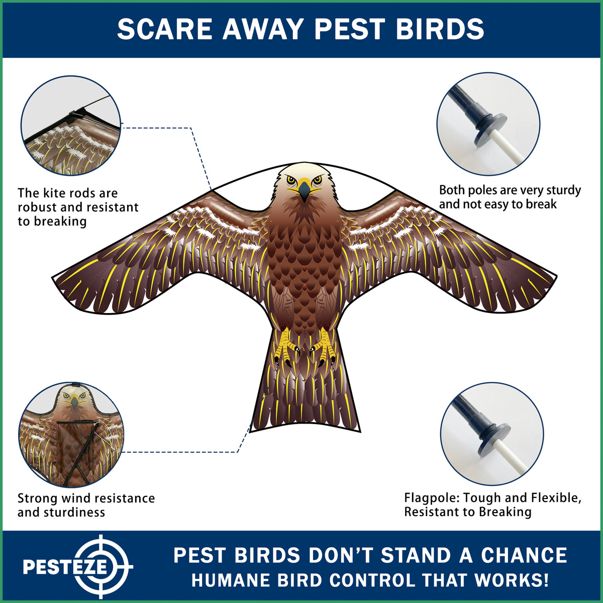 PESTEZE® USA Hawk Kite [47x27 Inch Kite with 13 Ft Flagpole] Provides Humane Bird Deterrence in Yards & Farms. Protects Vegetables, Fruits & Crops from Pest Birds & Critters
