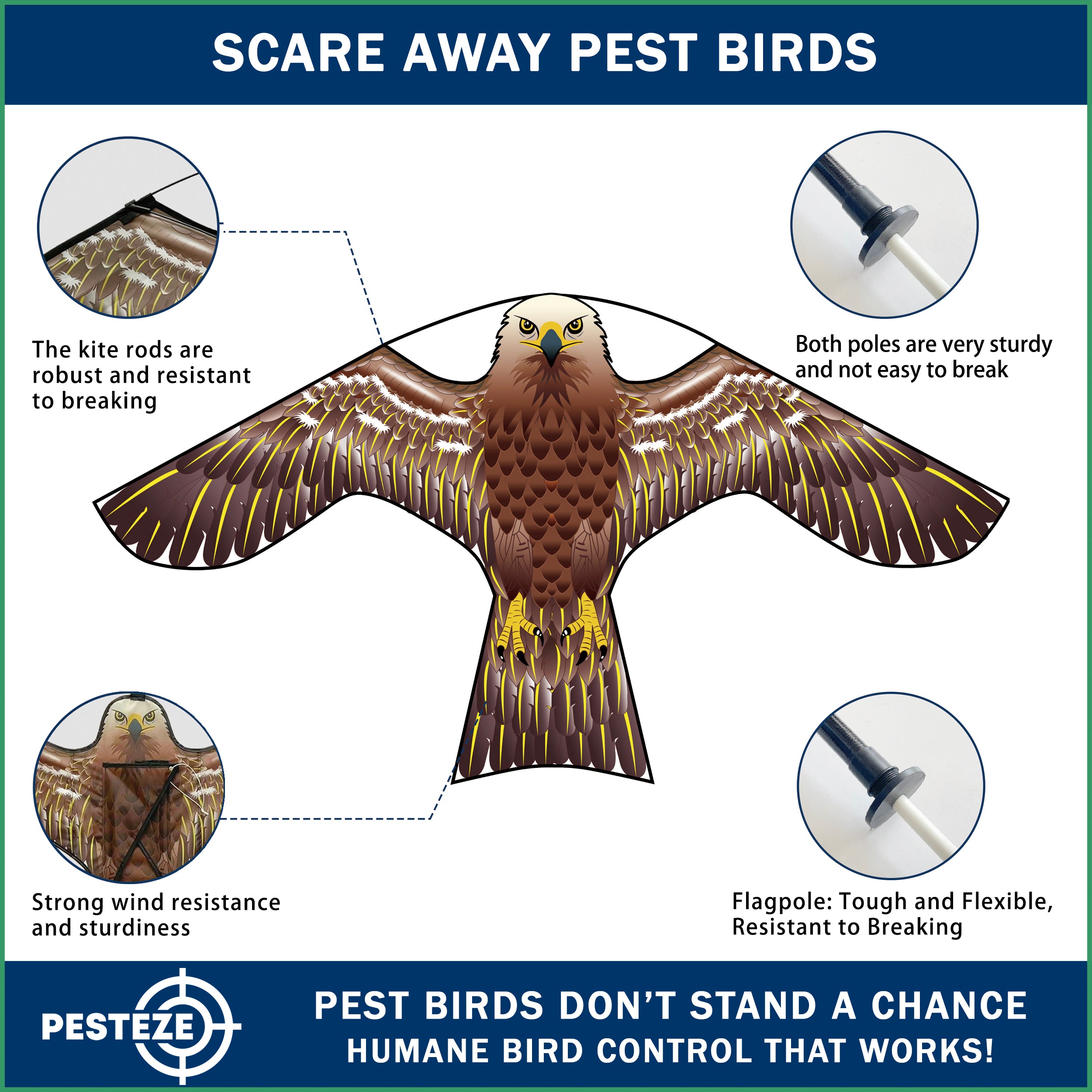 PESTEZE® USA Hawk Kite [47x27 Inch Kite with 13 Ft Flagpole] Provides Humane Bird Deterrence in Yards & Farms. Protects Vegetables, Fruits & Crops from Pest Birds & Critters
