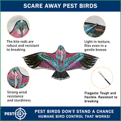 PESTEZE® USA Huge Red Eagle Kite [60x28 Inch Kite with 13 Ft Flagpole] Provides Humane Bird Deterrence in Yards & Farms. Protects Vegetables, Fruits & Crops from Pest Birds & Critters
