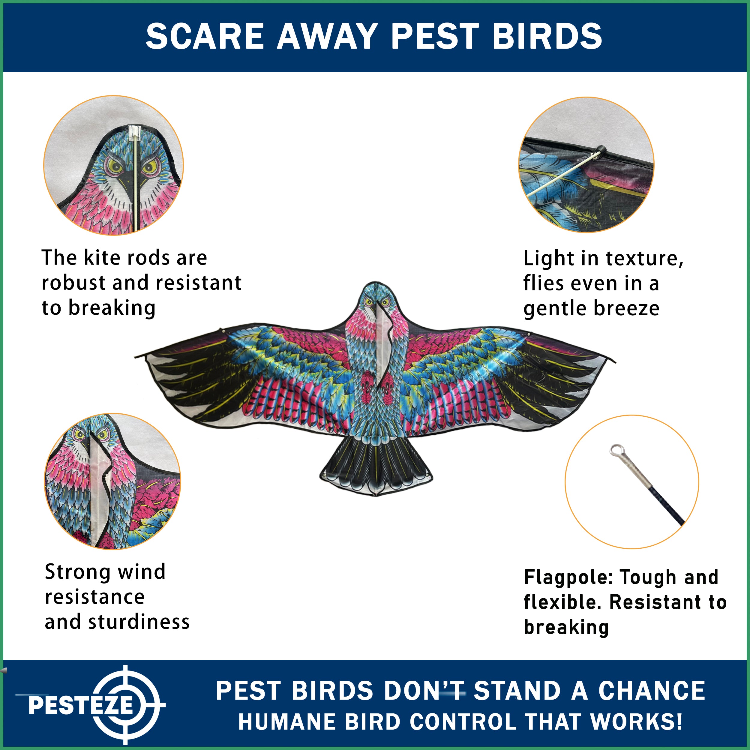 PESTEZE® USA Huge Red Eagle Kite [60x28 Inch Kite with 13 Ft Flagpole] Provides Humane Bird Deterrence in Yards & Farms. Protects Vegetables, Fruits & Crops from Pest Birds & Critters