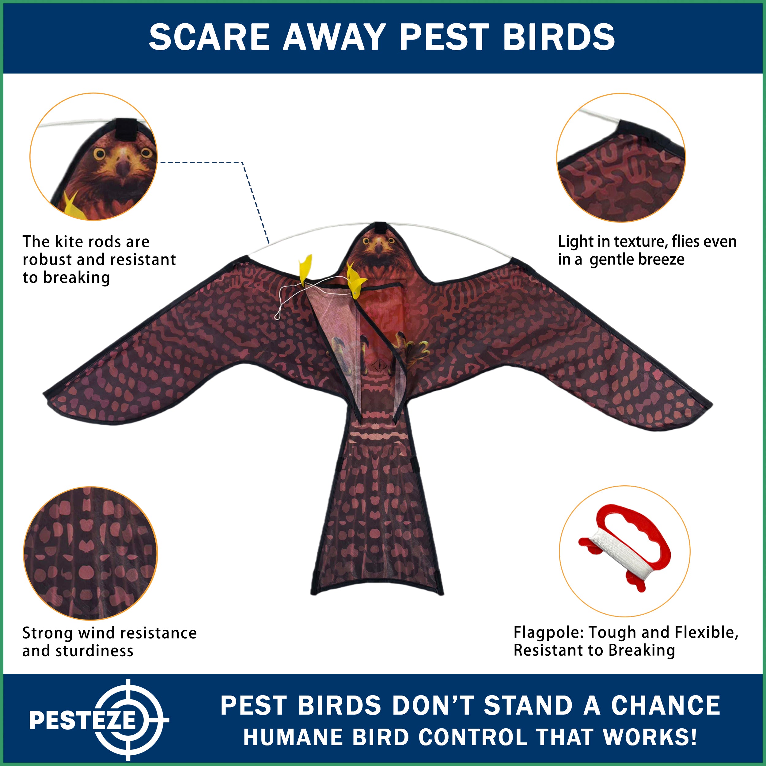 PESTEZE® USA Realistic Hawk Kite [47x27 Inch] EZ & Fun to Fly. Also Provides Humane Bird Deterrence in Yards & Farms. Protects Vegetables, Fruits & Crops from Pest Birds & Critters