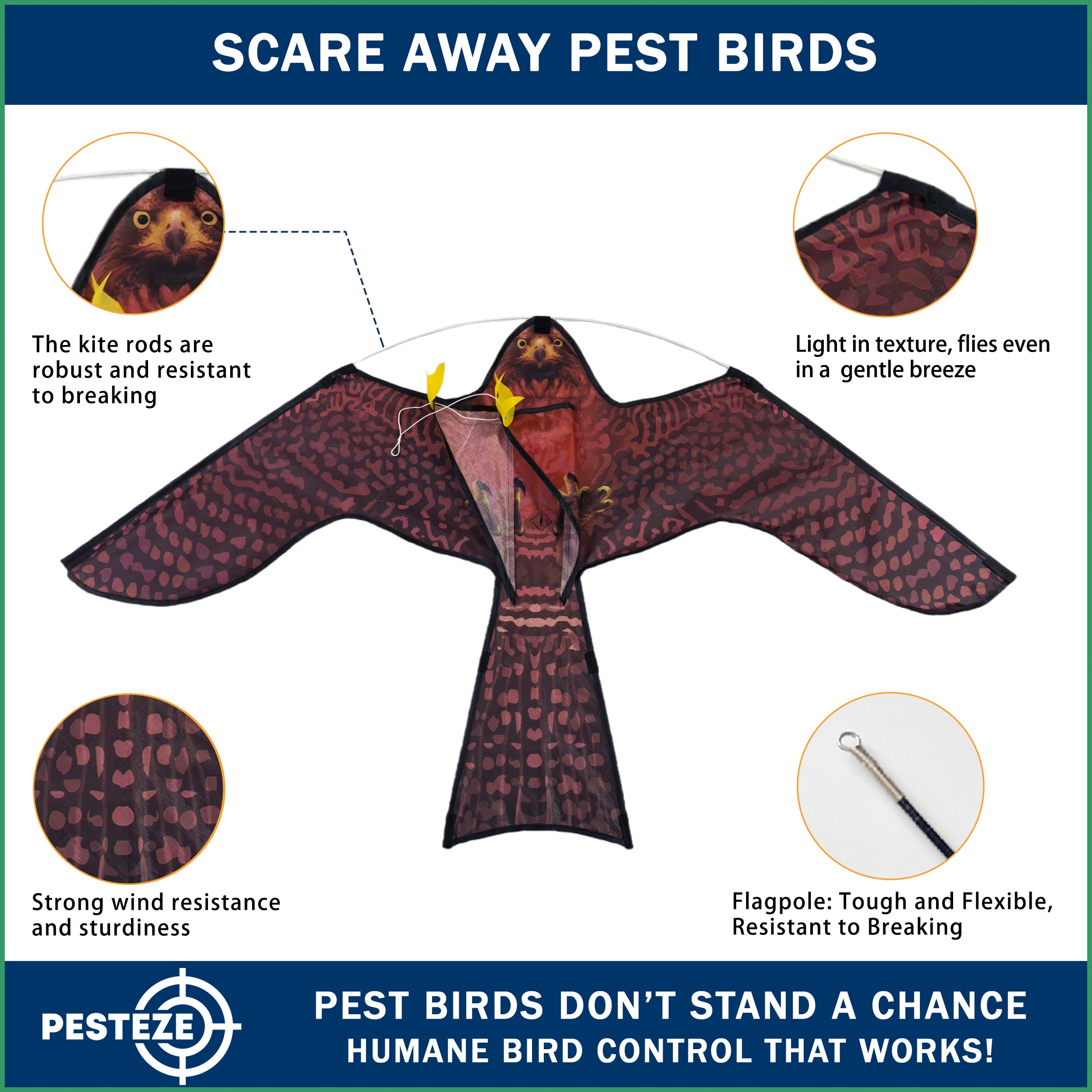 PESTEZE® USA Realistic Hawk Bird Scarer Kite [46 x 26 Inch with 13 ft Flagpole]. Use in Yards & Farms to Protect Vegetables, Fruits, Crops & Buildings from Pest Birds & Critters without Harming Them