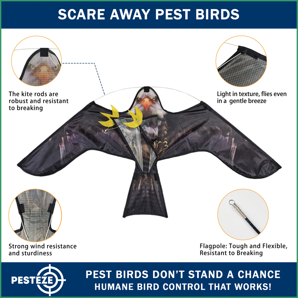 PESTEZE® USA Realistic Eagle Kite [2 Pack- 46 x 26 Inch with 13 ft Flagpole] Use in Yards & Farms to Protect Vegetables, Fruits & Crops from Pest Birds & Critters without Harming Them
