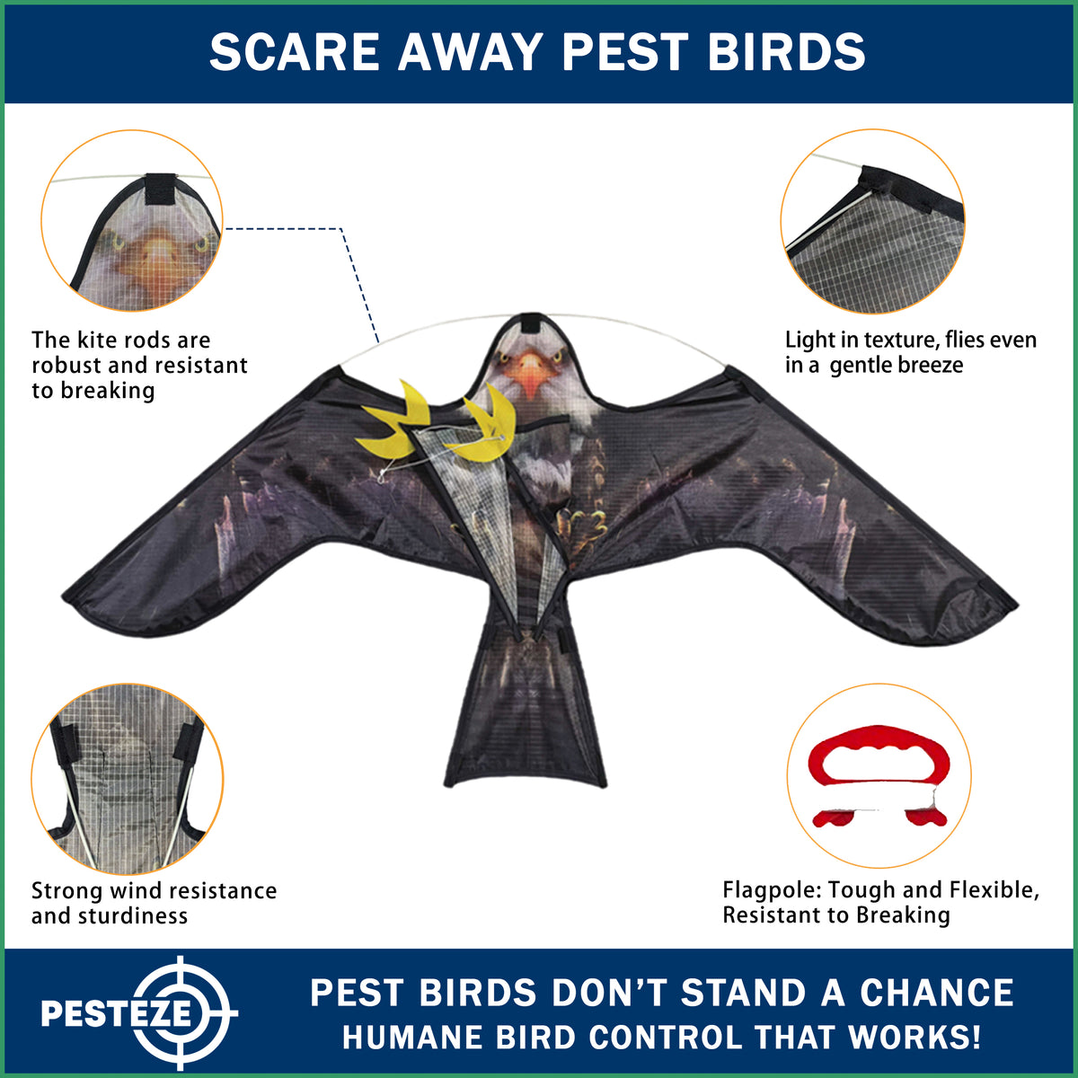 PESTEZE® USA Premium Realistic Eagle Kite with String- 47x27 Inch. EZ & Fun to Fly. Provides Humane Pest Bird Deterrence in Yards & Farms. Protects Vegetables, Fruits & Crops