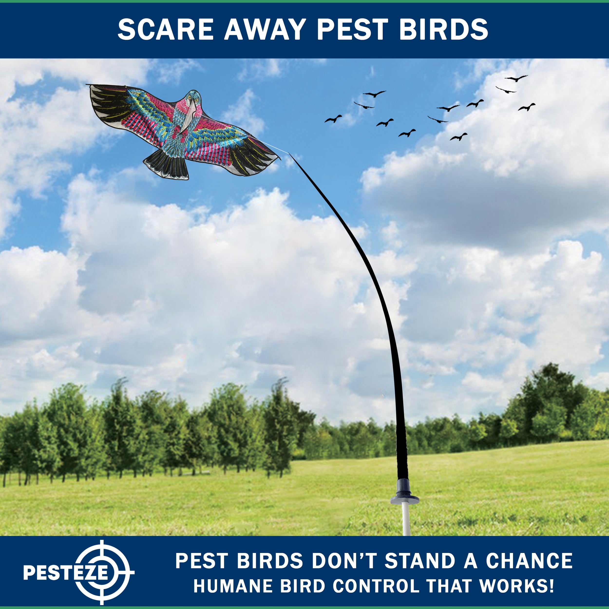 PESTEZE® USA Huge Red Eagle Kite [60x28 Inch Kite with 13 Ft Flagpole] Provides Humane Bird Deterrence in Yards & Farms. Protects Vegetables, Fruits & Crops from Pest Birds & Critters