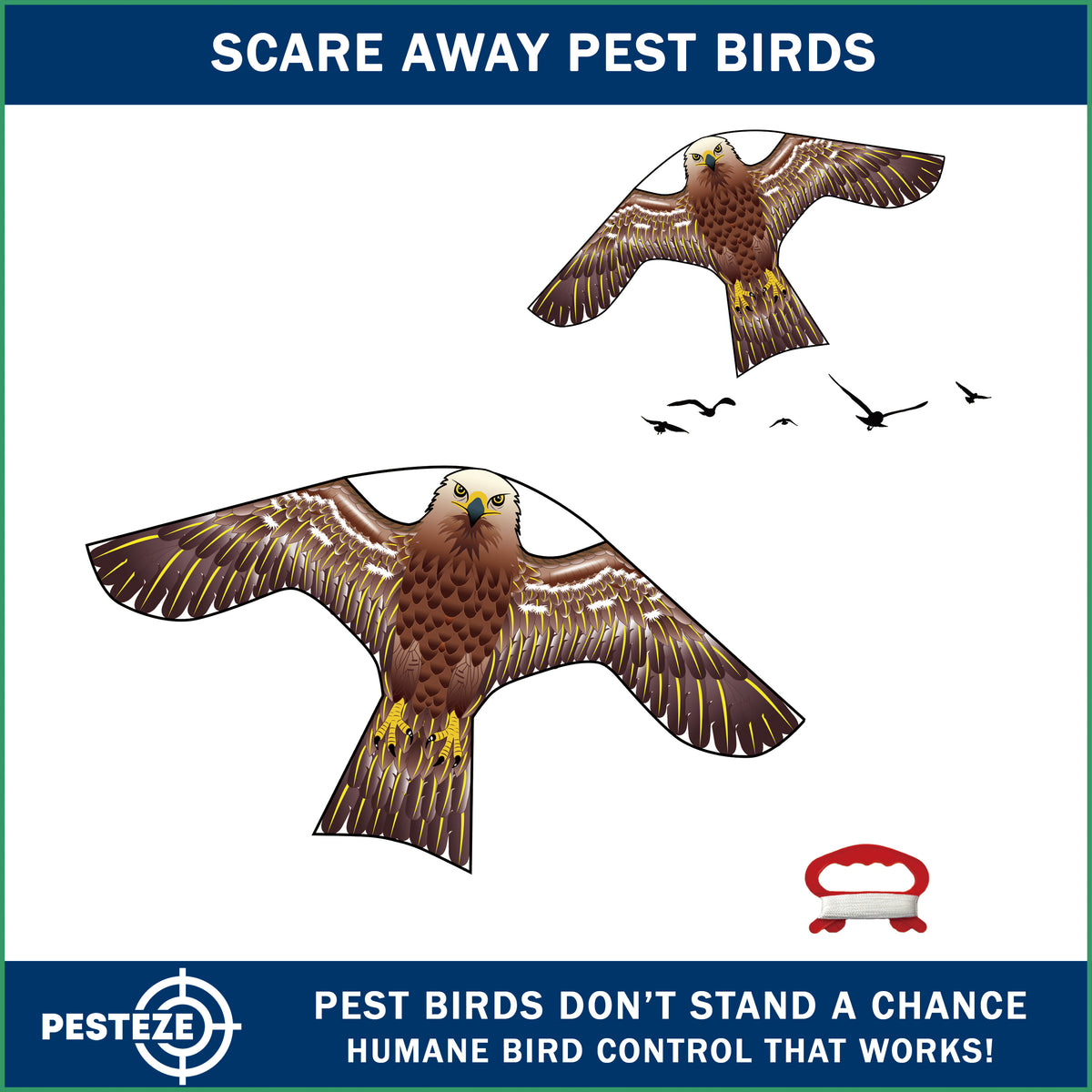 PESTEZE® USA Hawk Kite [47x27 Inch Kite with 13 Ft Flagpole] Provides Humane Bird Deterrence in Yards & Farms. Protects Vegetables, Fruits & Crops from Pest Birds & Critters