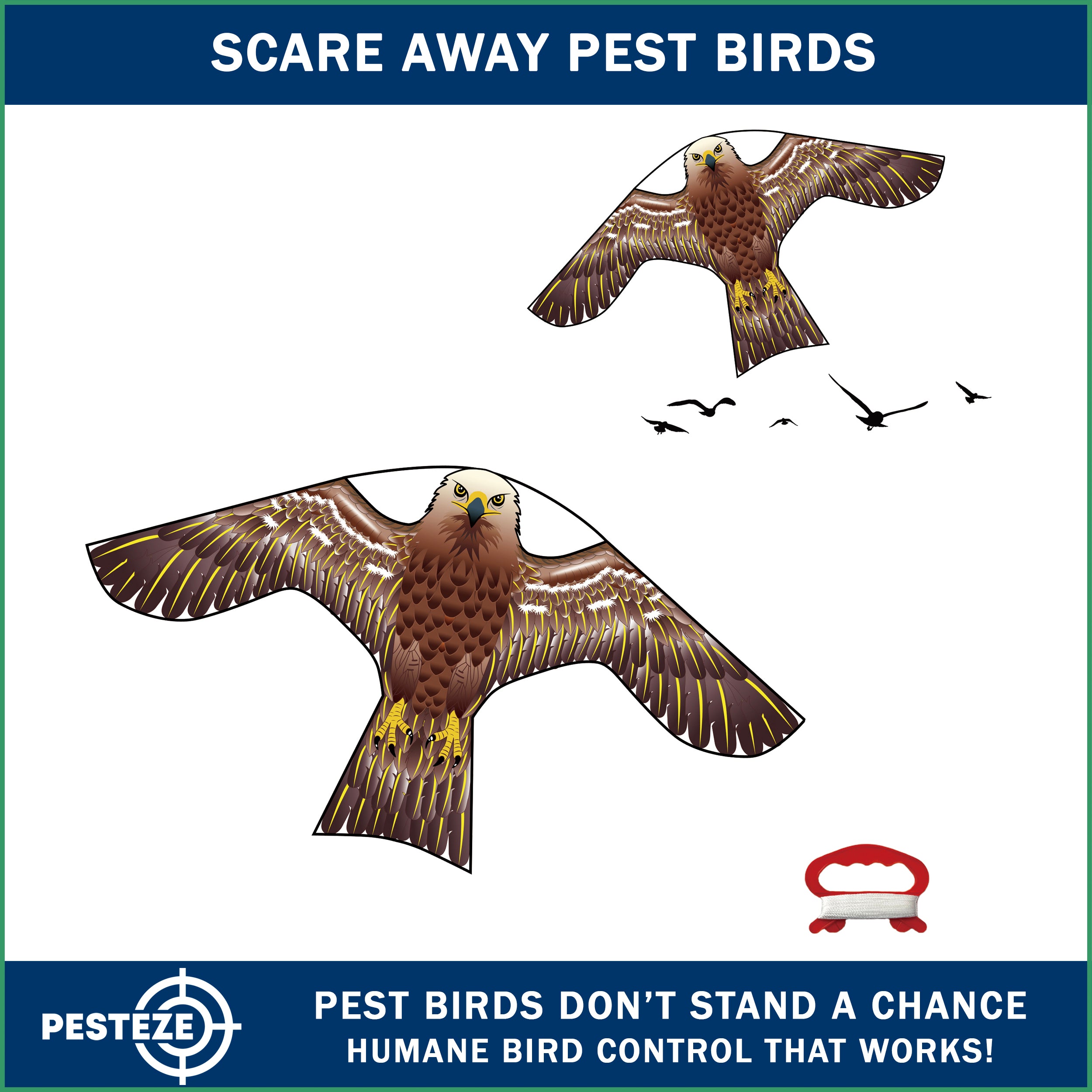 PESTEZE® USA Hawk Kite [47x27 Inch Kite with 13 Ft Flagpole] Provides Humane Bird Deterrence in Yards & Farms. Protects Vegetables, Fruits & Crops from Pest Birds & Critters