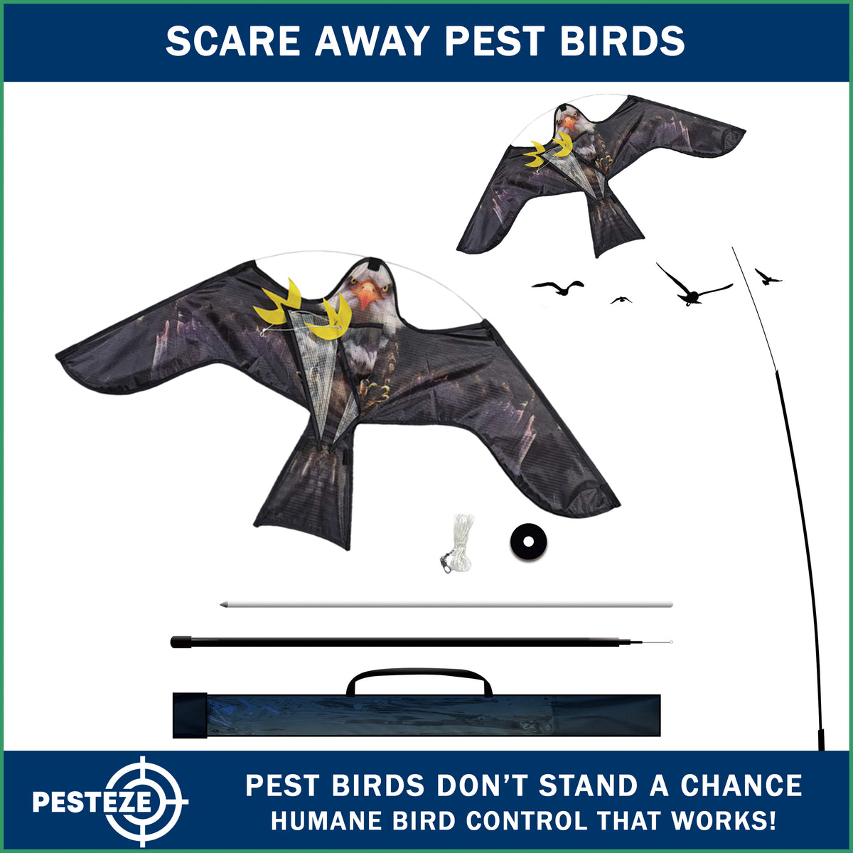 PESTEZE® USA Realistic Eagle Kite [2 Pack- 46 x 26 Inch with 13 ft Flagpole] Use in Yards & Farms to Protect Vegetables, Fruits & Crops from Pest Birds & Critters without Harming Them
