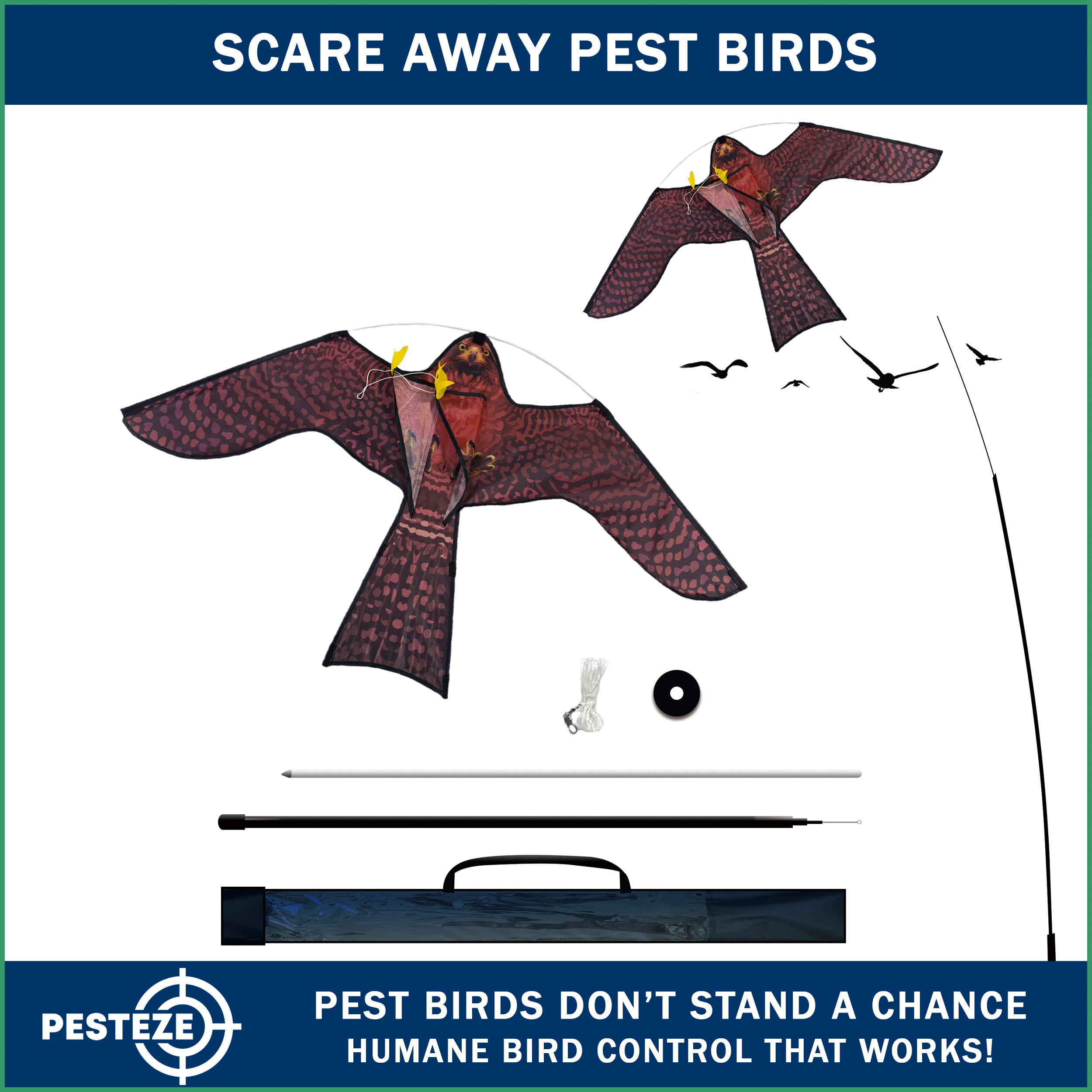 PESTEZE® USA Realistic Hawk Bird Scarer Kite [46 x 26 Inch with 13 ft Flagpole]. Use in Yards & Farms to Protect Vegetables, Fruits, Crops & Buildings from Pest Birds & Critters without Harming Them